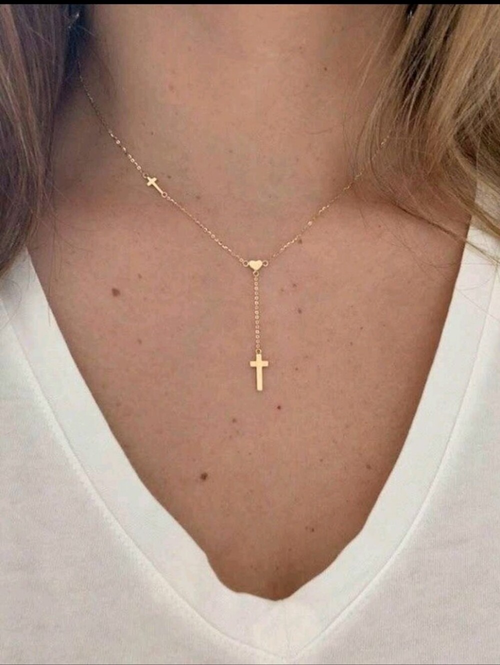 NEW! Minimalist Tiny-Petite Gold Cross & Heart Lariat Necklace - Women's Jewelry